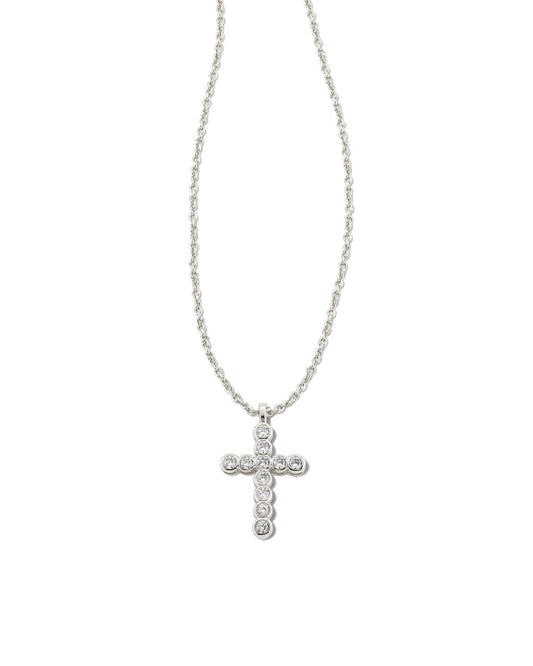 Cross Crystal Pendant Necklace Rhodium White Crystal - She Chester