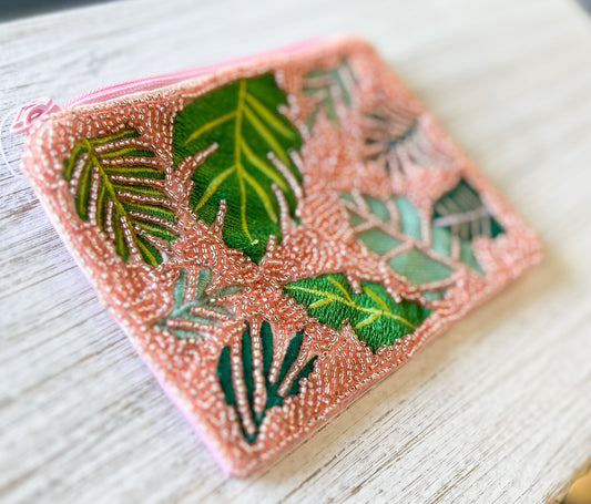 Palm Leaves Light Pink Beaded Pouch