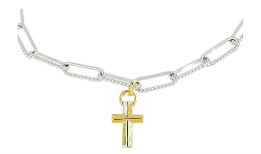 Diamante Cross Charm Silver Necklace N5556-R003