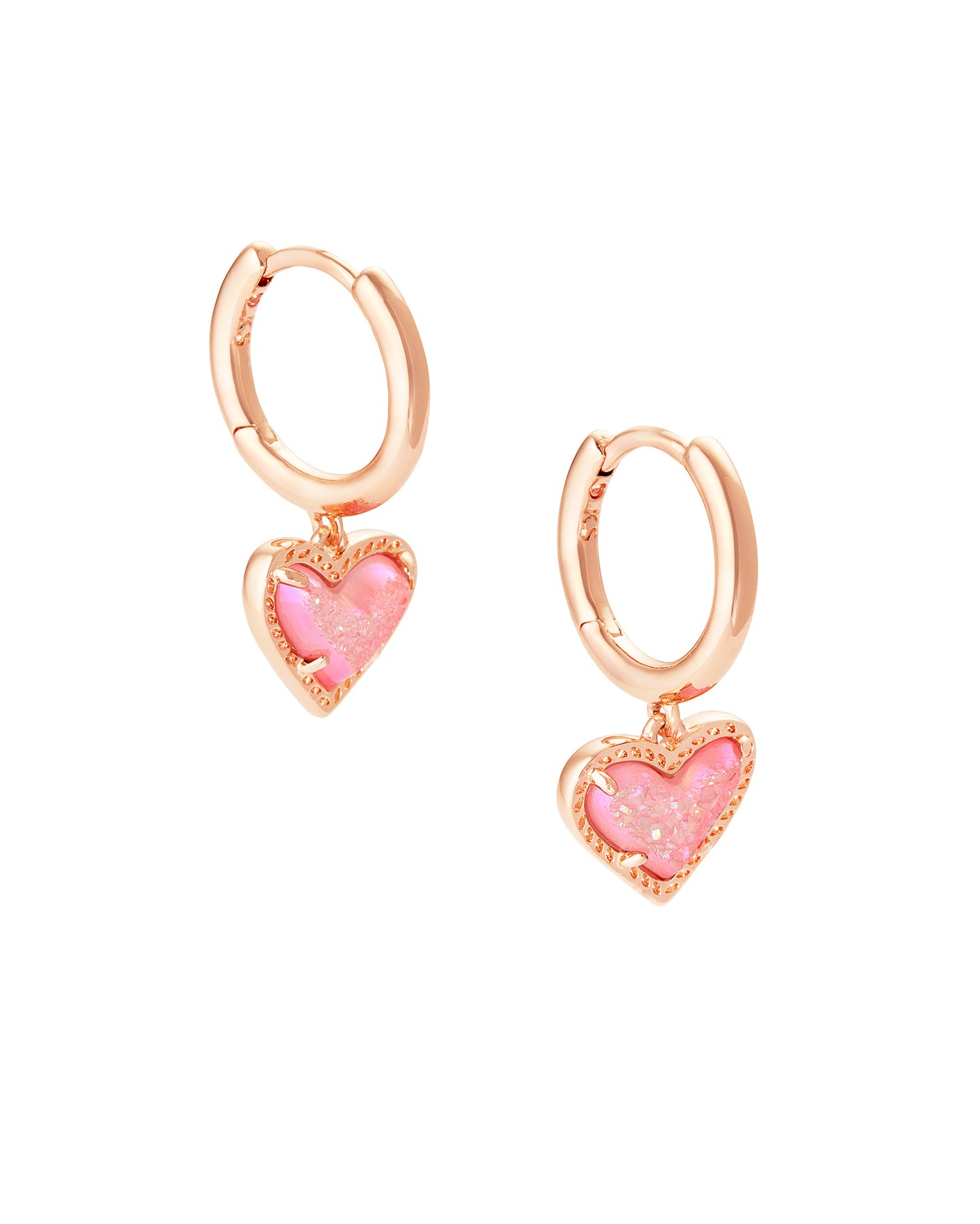 Ari Heart Rose Gold Huggie Earrings In Pink Drusy
