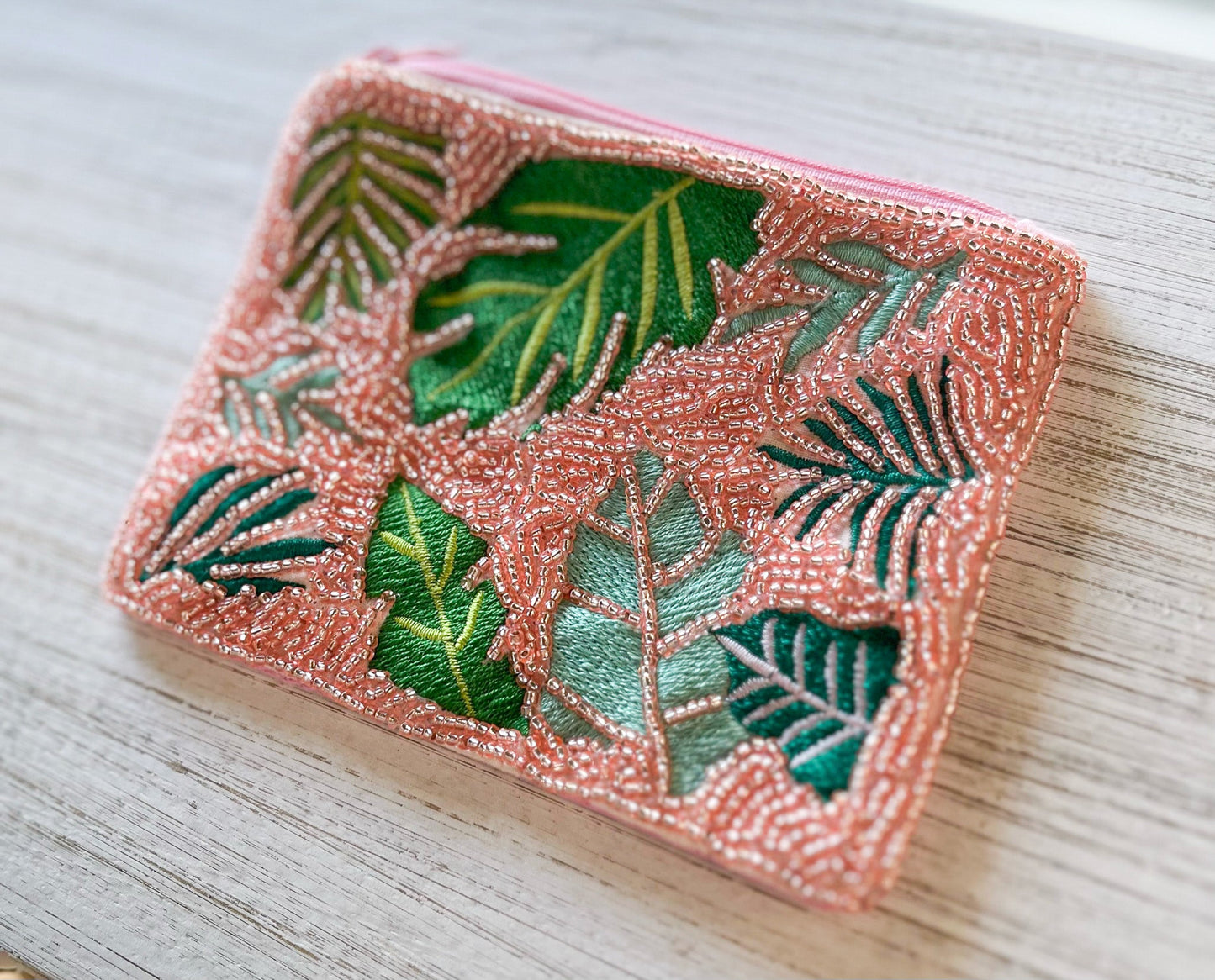 Palm Leaves Light Pink Beaded Pouch - She Chester